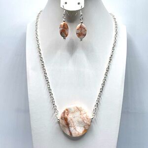Artisan Red Vein Jasper Stone Gemstone Necklace Earrings Set Silver Tone Boho
